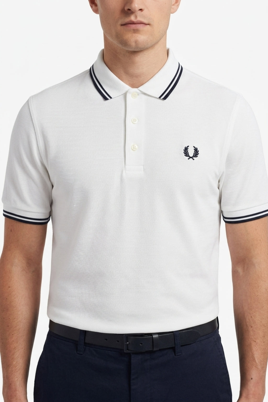 Male model wearing the Eliteez Heritage Twin-Tip Polo - White for a smart-casual look.