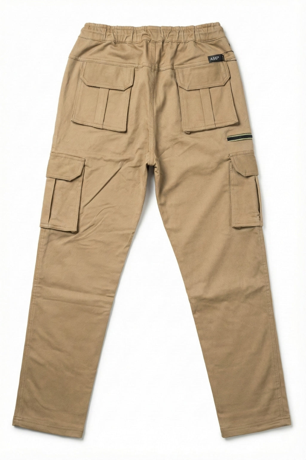 Back flat lay of Eliteez Khaki utility stretch trousers.