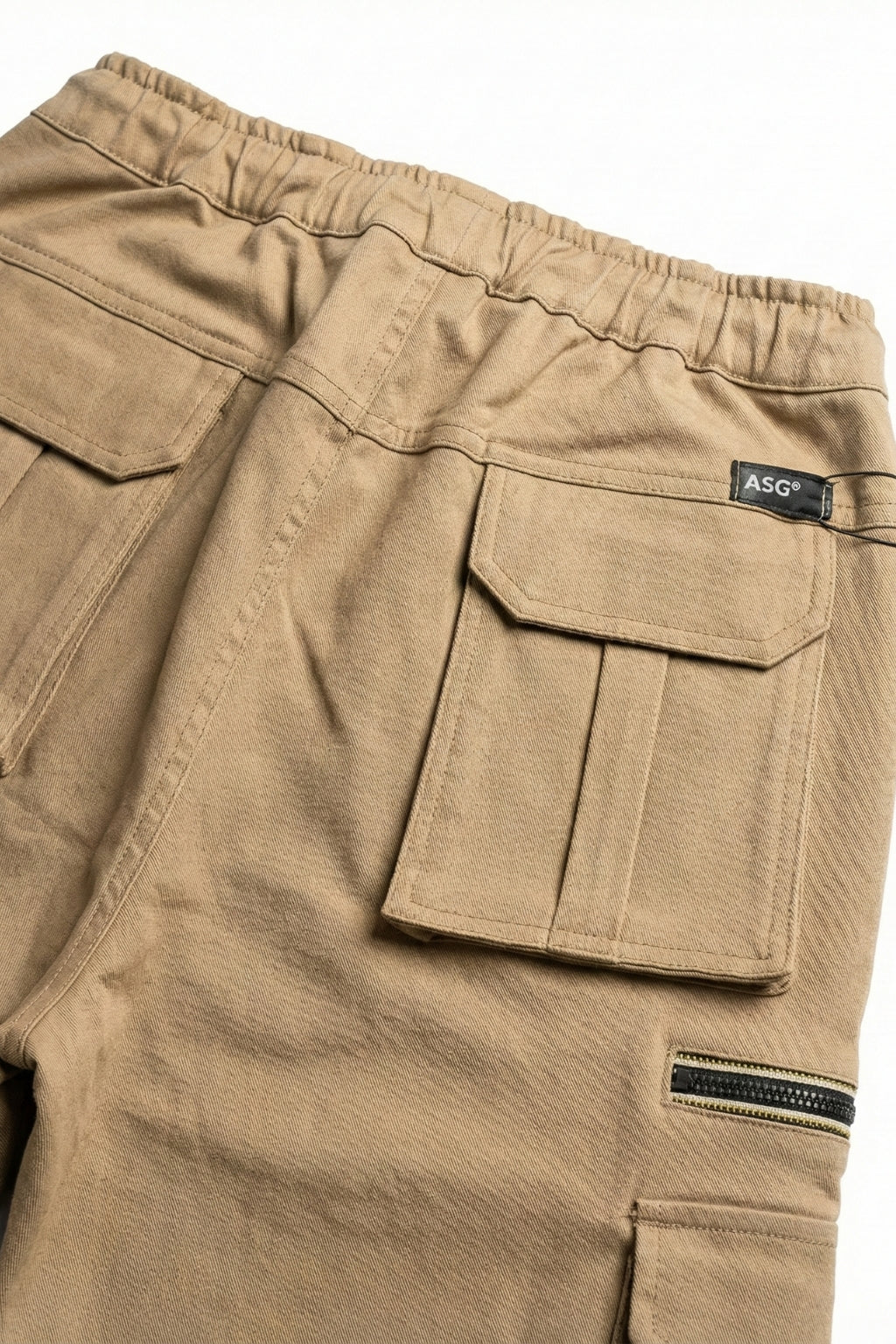 Detailed rear view of Khaki Eliteez utility pants showing the sharp fit.