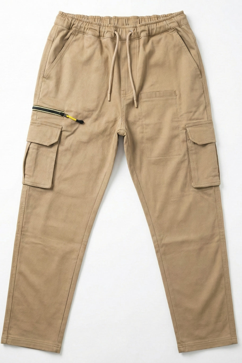Flat lay of Eliteez Khaki stretch twill cargo pants with adjusters.