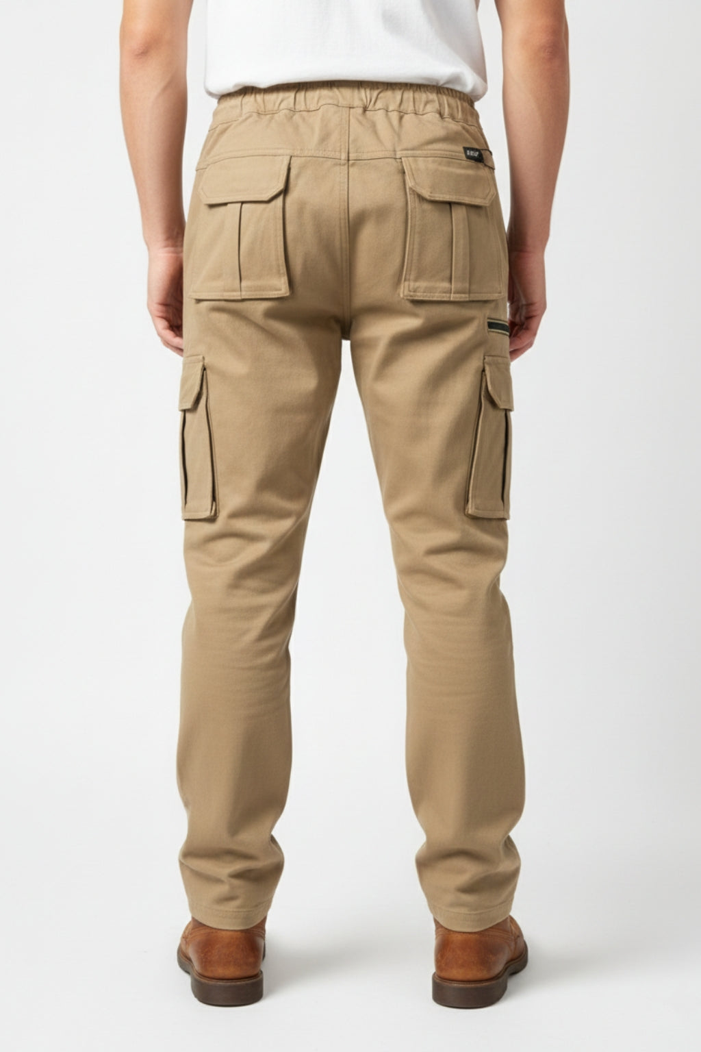 Rear view on model of Eliteez Khaki tapered cargo pants.