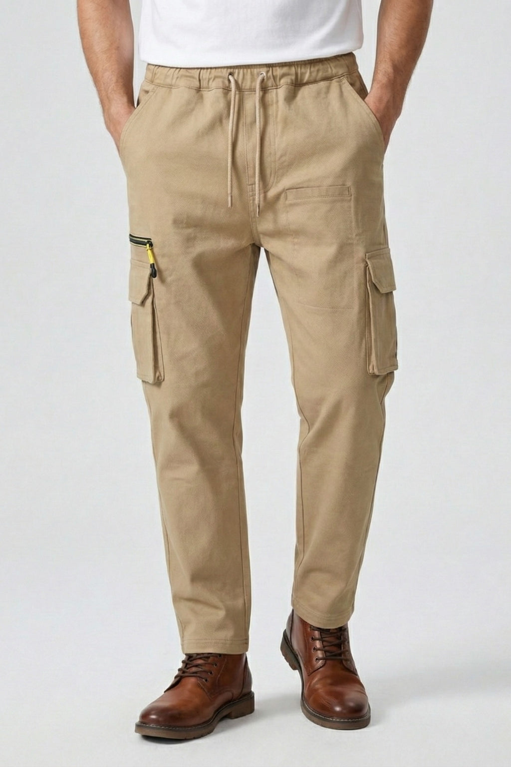 Model wearing Eliteez Khaki utility cargo pants, ideal for travel.