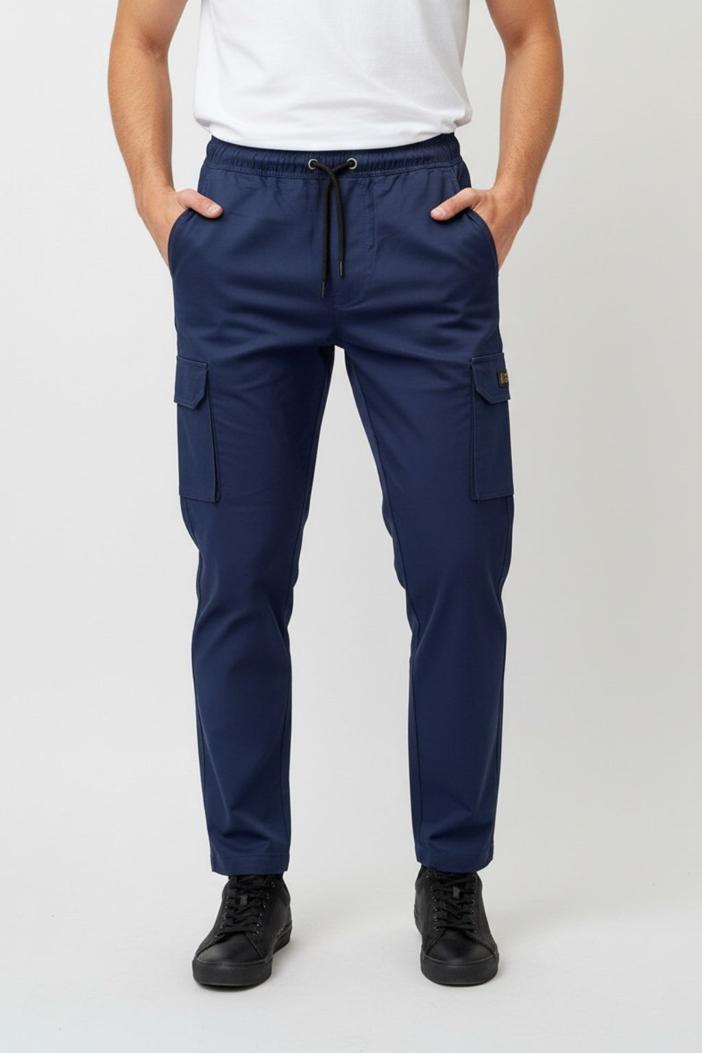 Eliteez Men's Cargo Pant in Navy Blue, front view on model