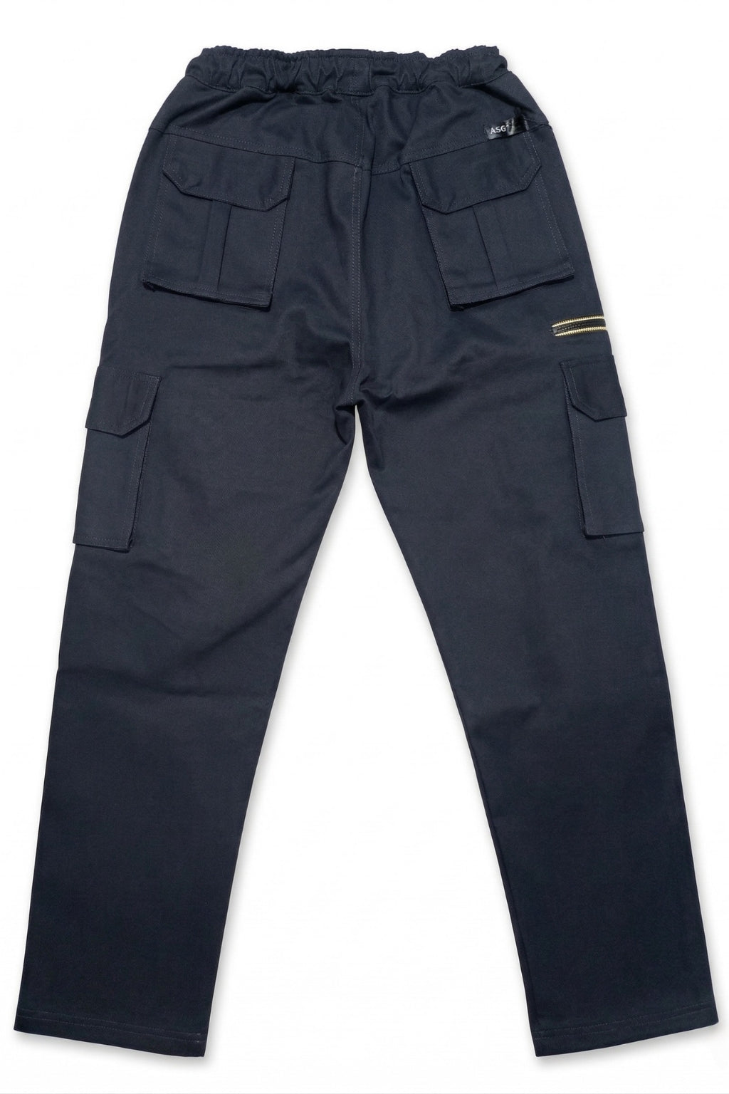 Rear flat lay of Eliteez Navy Blue stretch utility trousers.