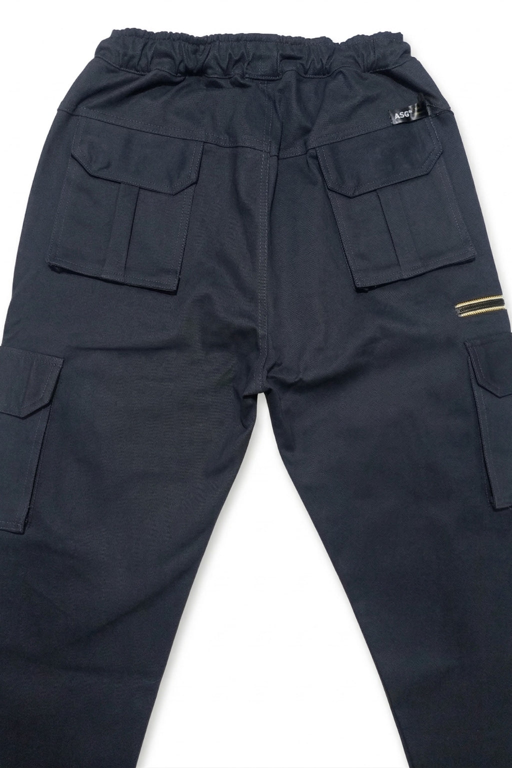 Detailed back view of Eliteez Navy cargo pants highlighting fabric quality.
