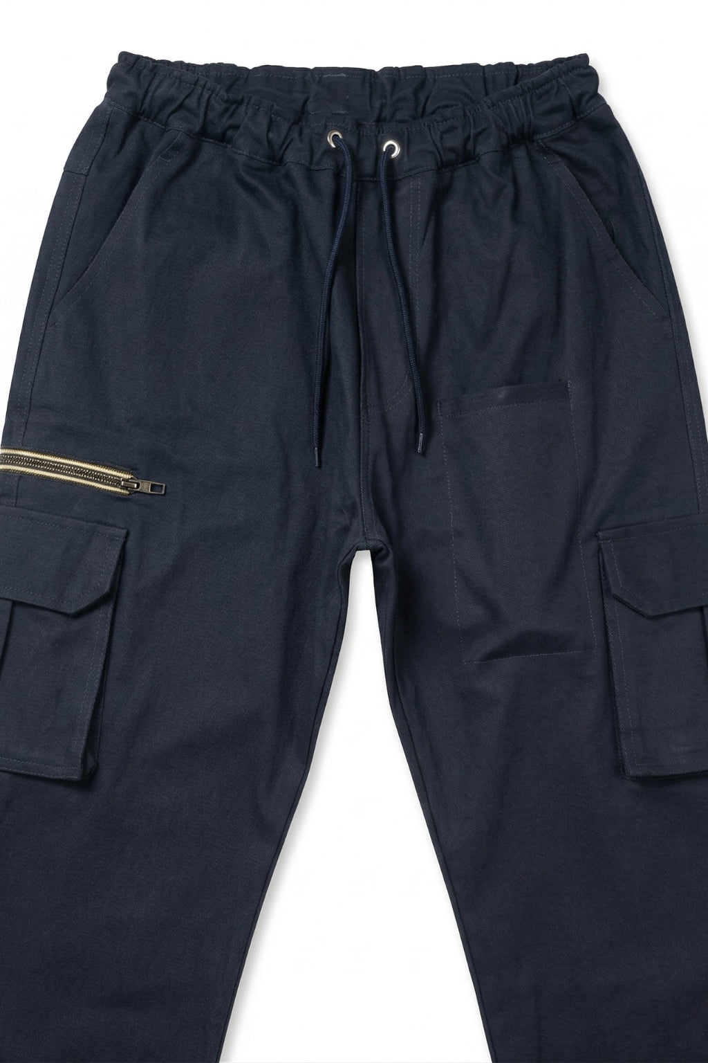 Close-up of Eliteez Navy cargo pants showing utility flap & zipper pockets.