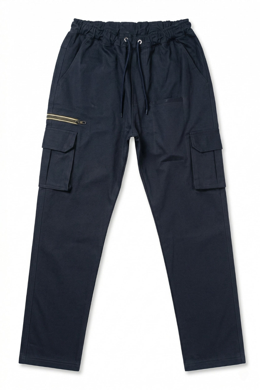 Flat lay of Eliteez Navy Blue stretch twill cargo pants with drawstring