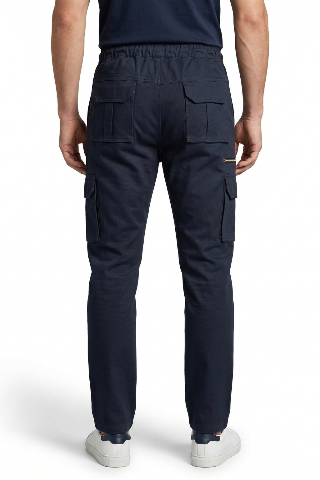 Back view of Eliteez Navy Blue tapered cargo pants on model.
