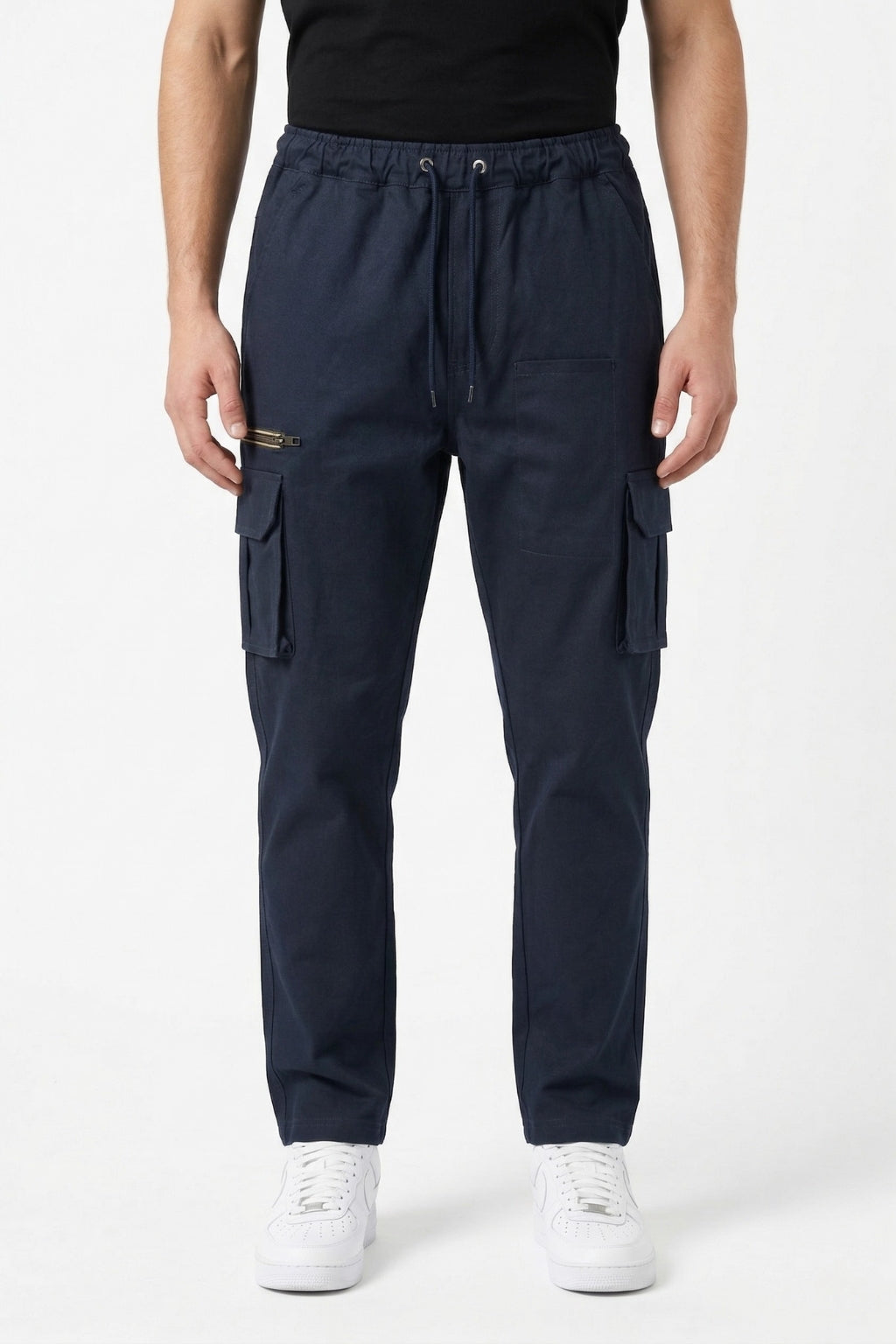 Eliteez Navy Blue utility cargo pants on model, waist to feet view.