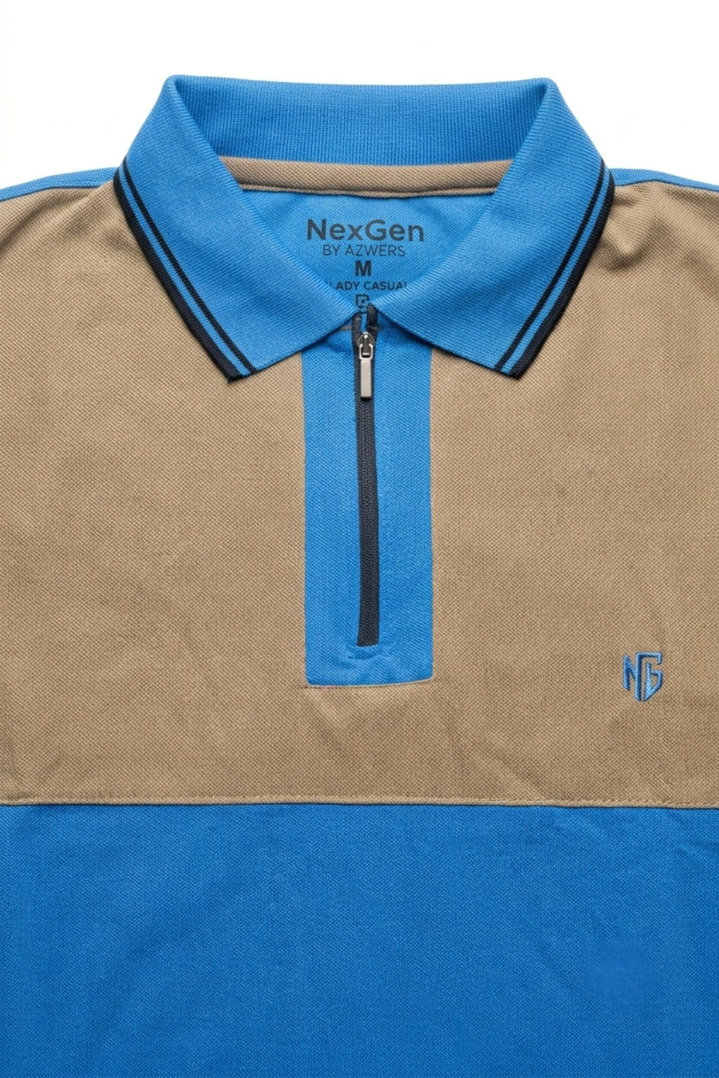 Eliteez NextGen Contrast Zip Polo in Blue & Mustard, back view on model