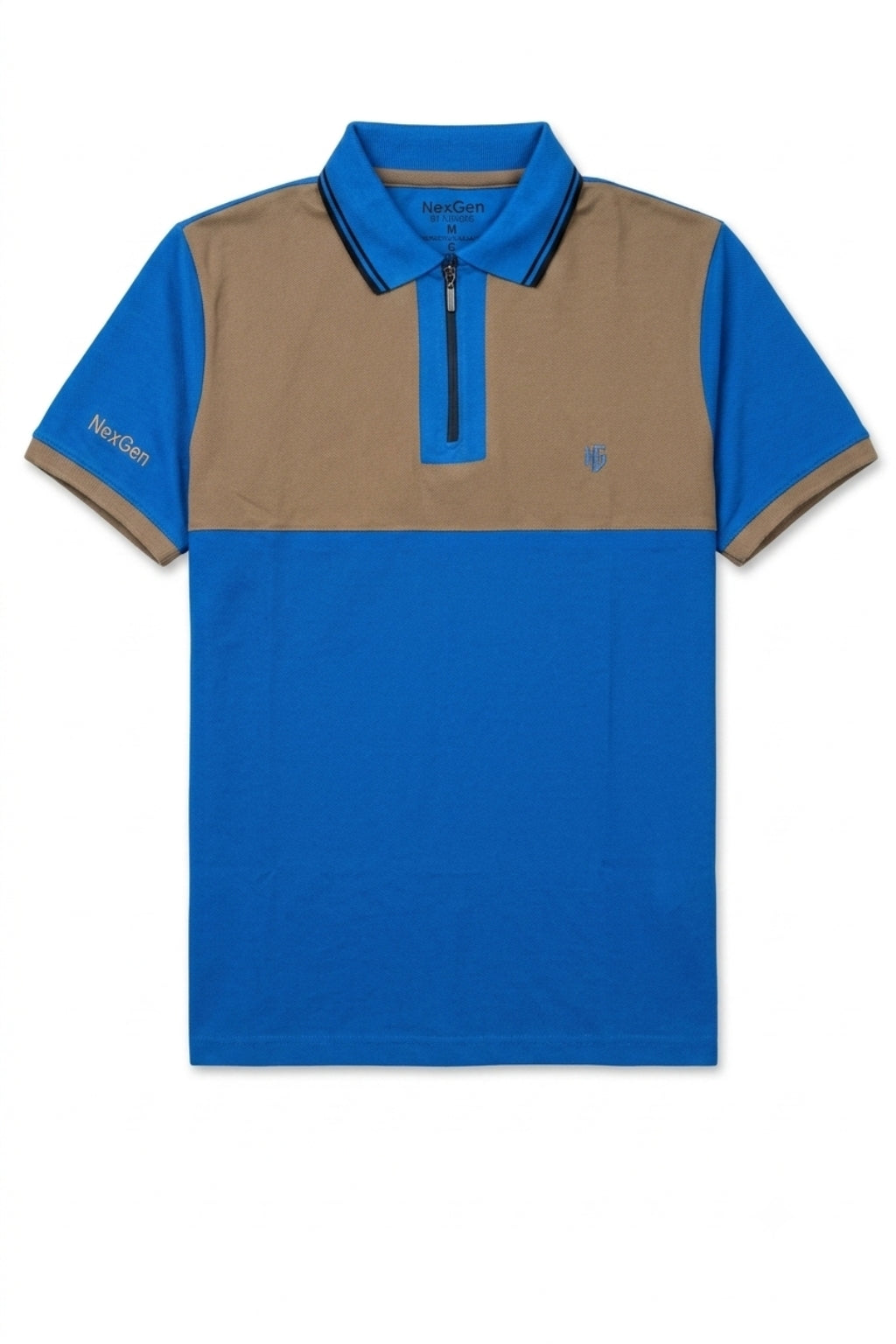 Close-up of zip placket on Eliteez NextGen Contrast Zip Polo Blue & Mustard