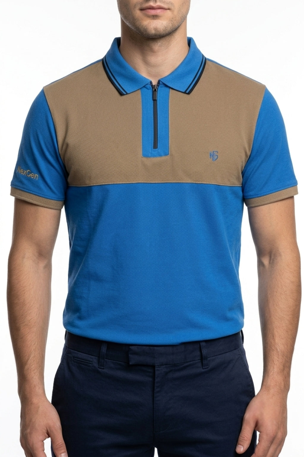 Eliteez NextGen Contrast Zip Polo in Blue & Mustard, front view on model