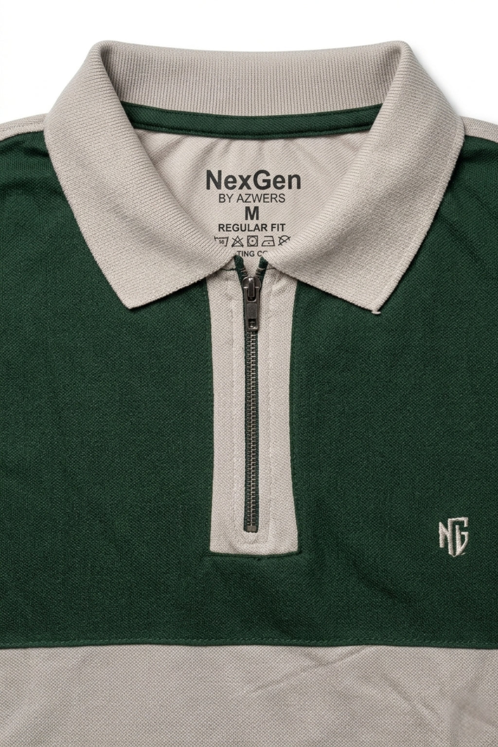 Eliteez NextGen Contrast Zip Polo in Olive Green & Beige, back view on model