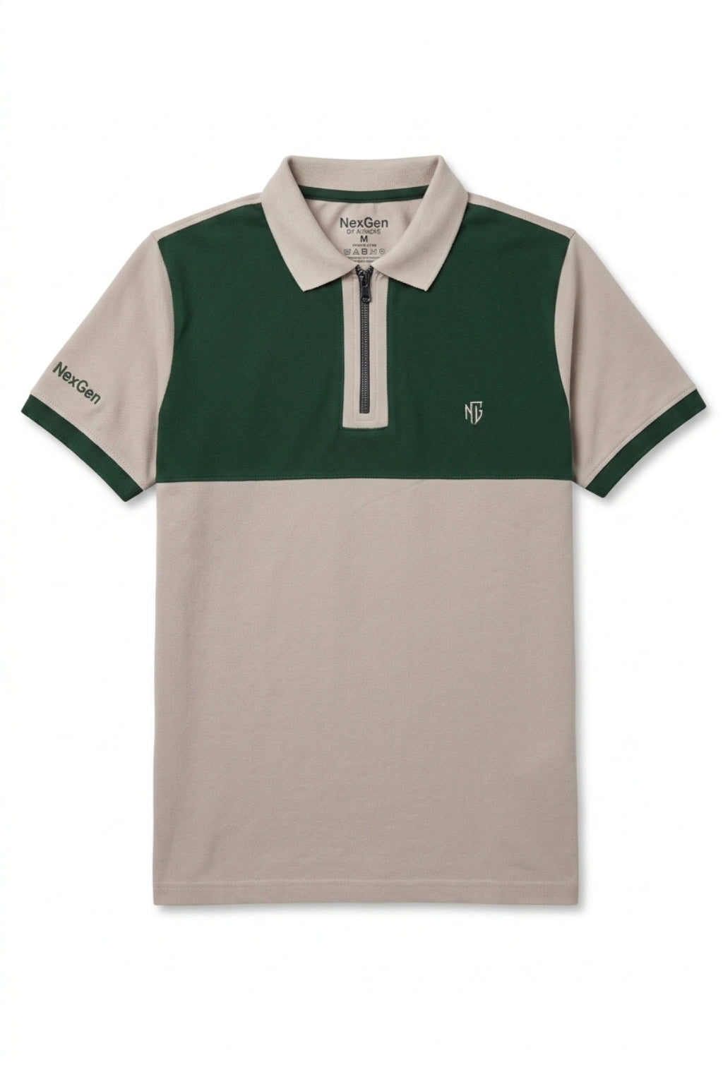 Close-up of zip placket on Eliteez NextGen Contrast Zip Polo Olive Green & Beige