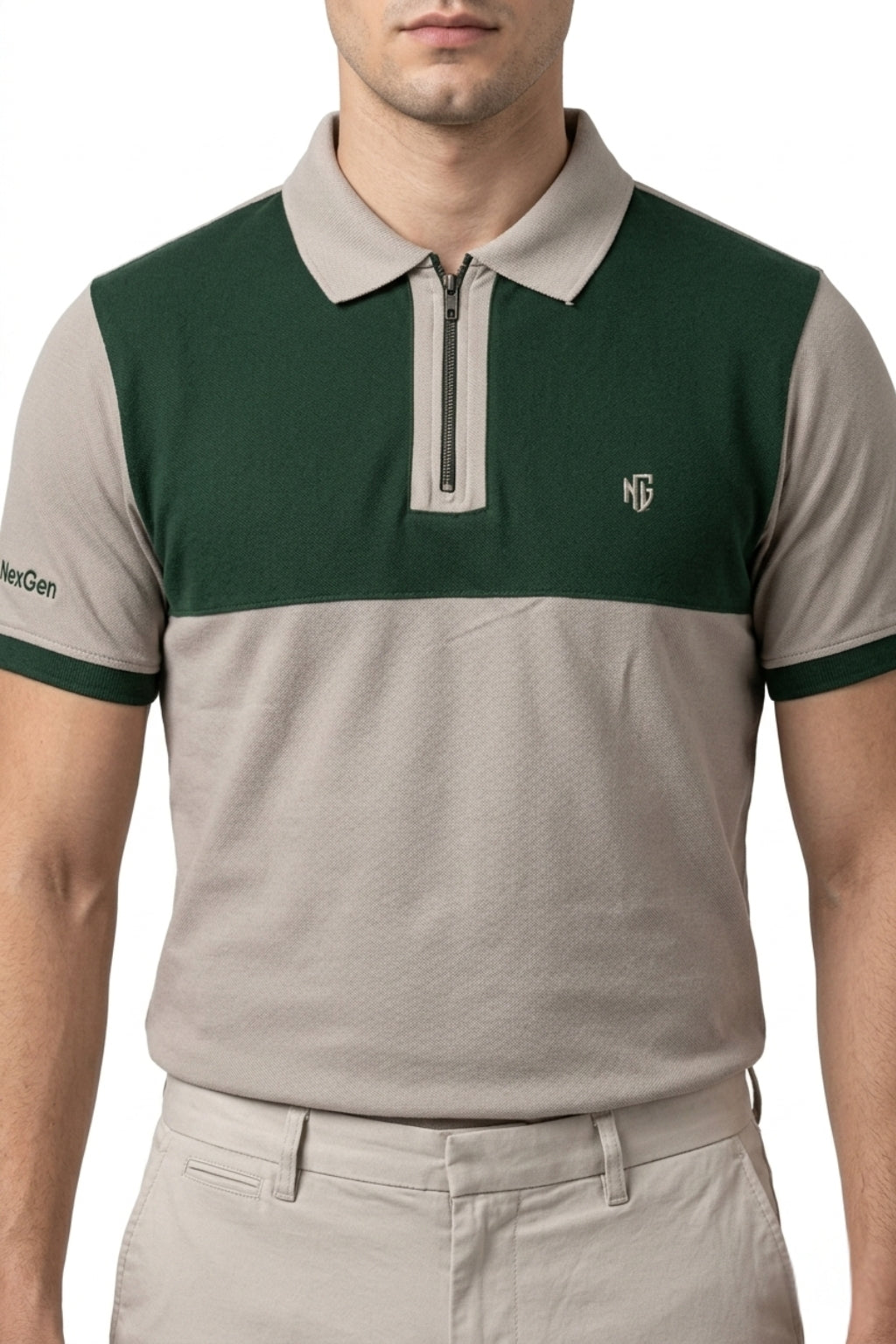 Eliteez NextGen Contrast Zip Polo in Olive Green & Beige, front view on model