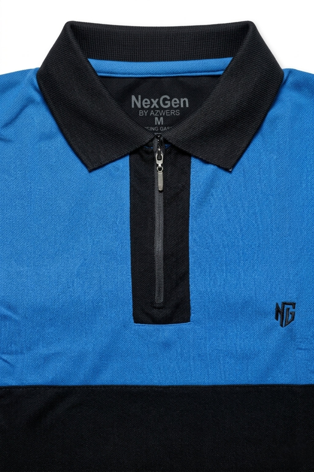 Eliteez NextGen Contrast Zip Polo in Sky Blue & Black, back view on model