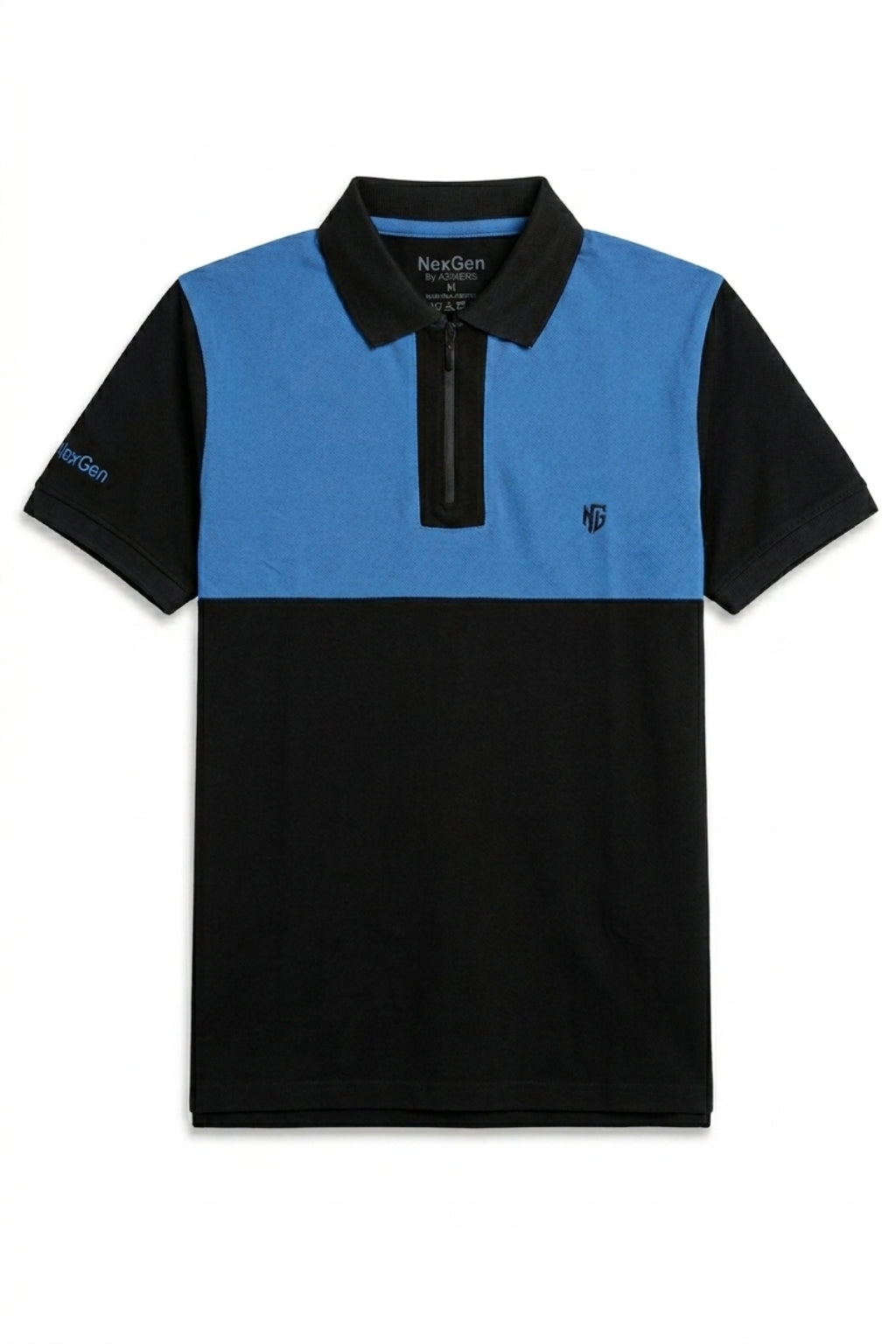Close-up of zip placket on Eliteez NextGen Contrast Zip Polo Sky Blue & Black