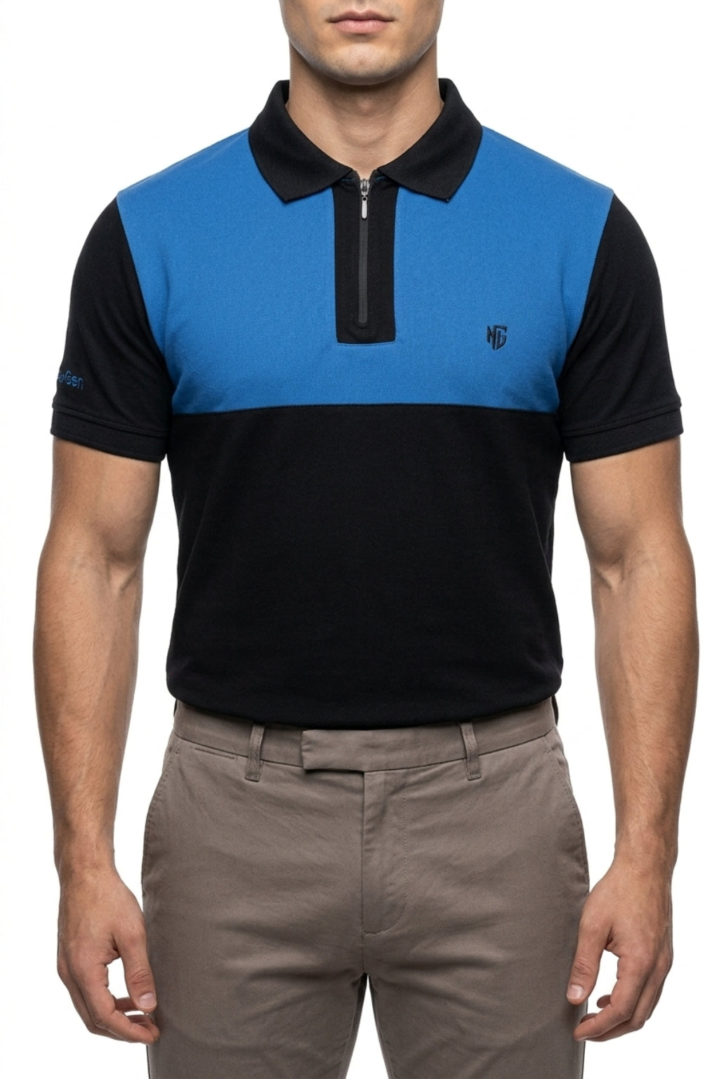 Eliteez NextGen Contrast Zip Polo in Sky Blue & Black, front view on model
