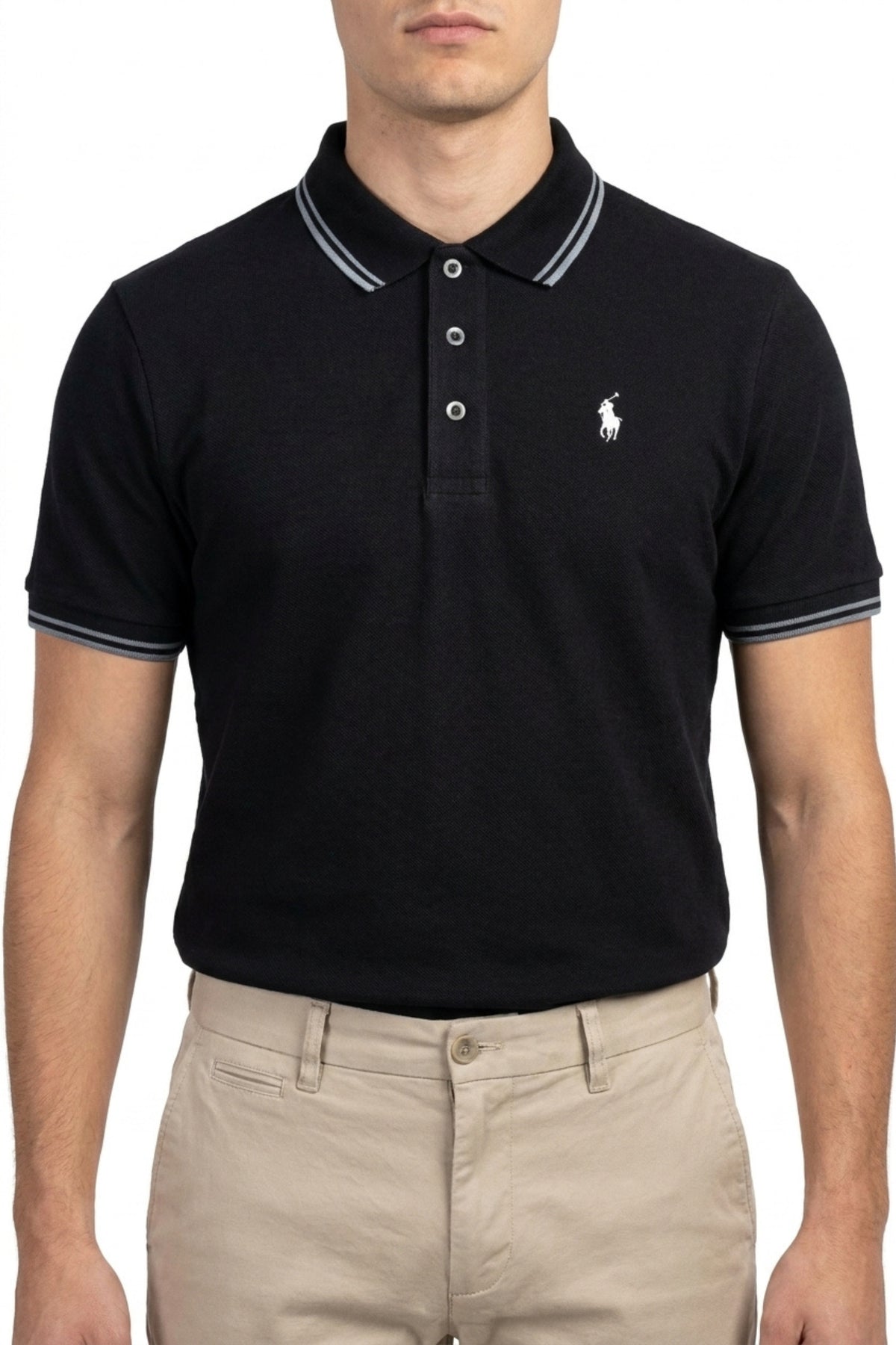 Back view of Eliteez Piqué Polo Rider in Black showing the regular fit silhouette