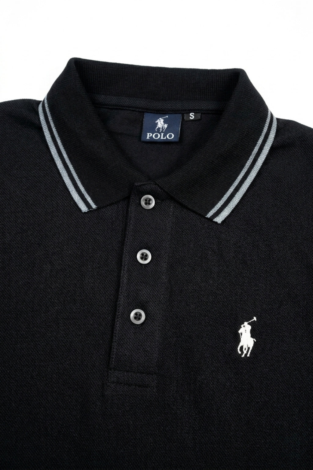 Front view of Eliteez Piqué Polo Rider in Black featuring contrast tipping