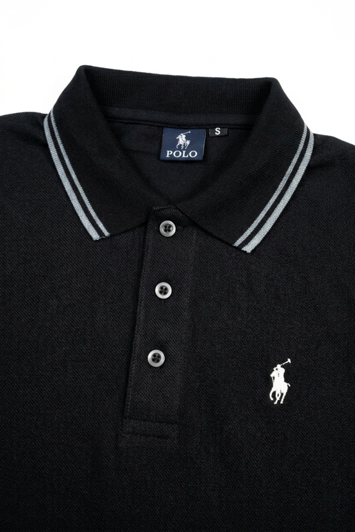 Front view of Eliteez Piqué Polo Rider in Black featuring contrast tipping