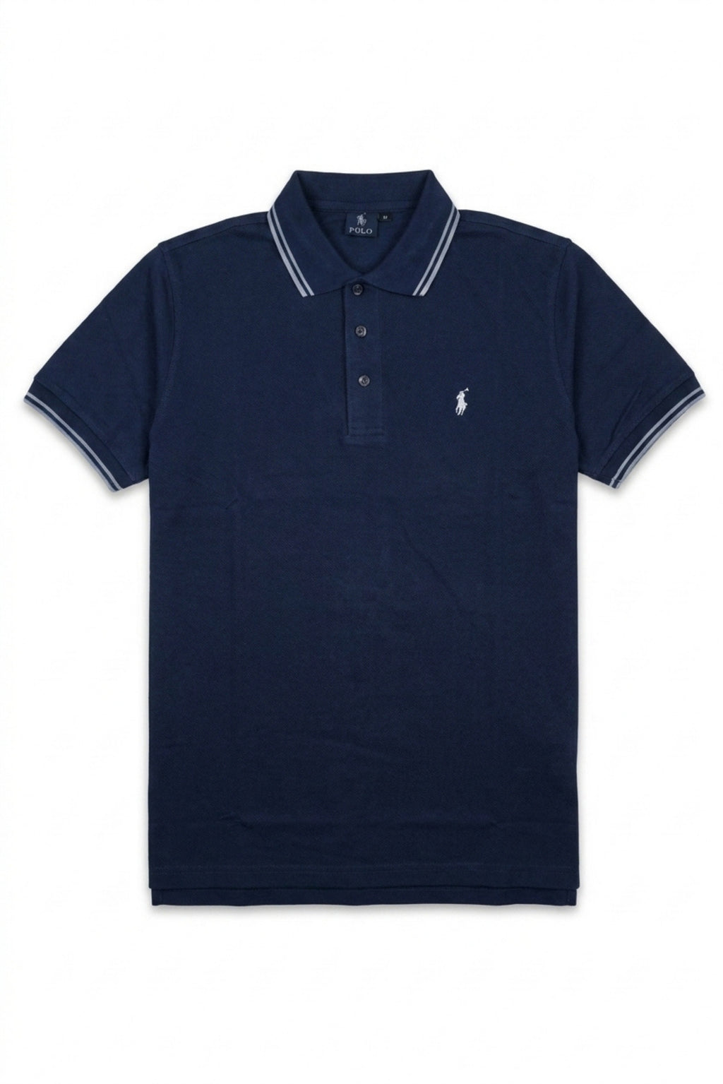 Front view of Eliteez Piqué Polo Rider in Navy Blue featuring contrast tipping