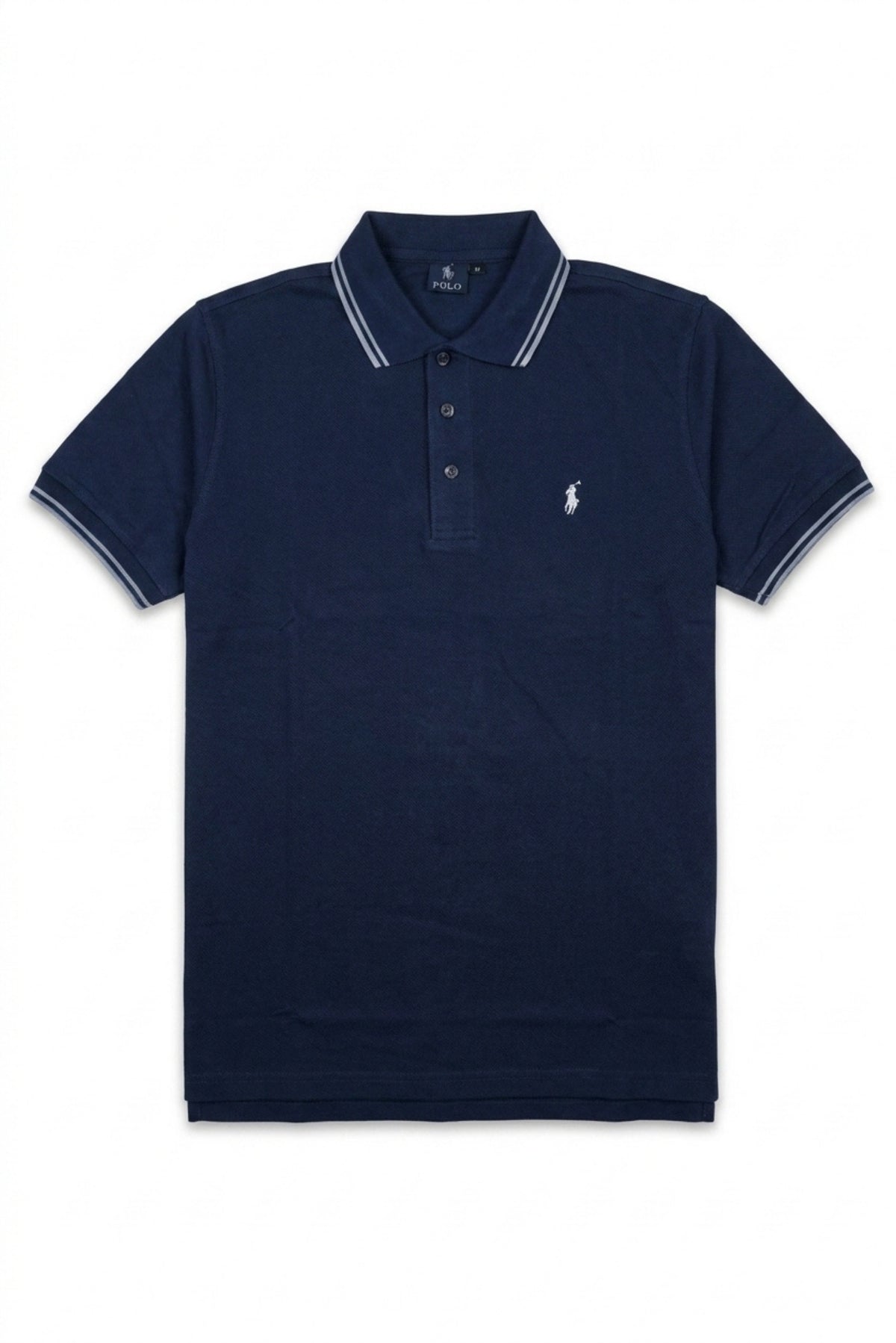 Front view of Eliteez Piqué Polo Rider in Navy Blue featuring contrast tipping