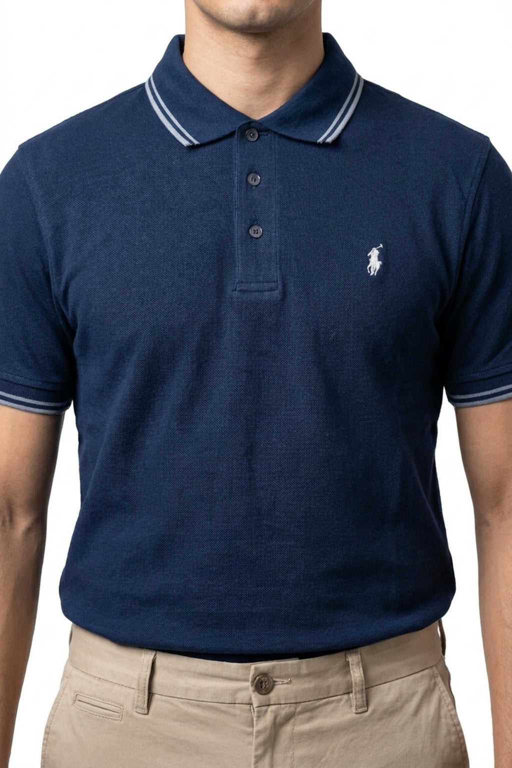 Eliteez Piqué Polo Rider in Navy Blue, front view on model