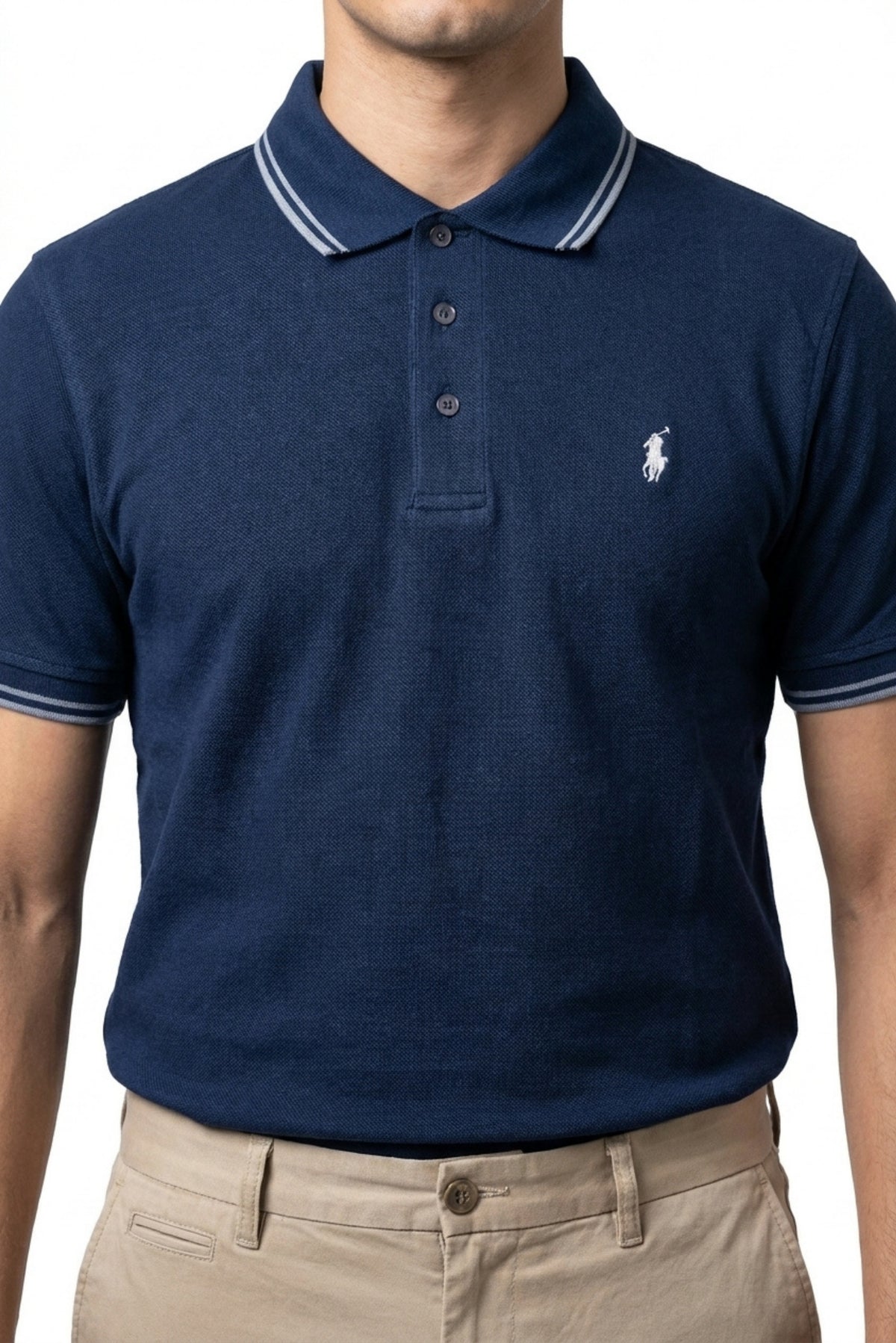 Eliteez Piqué Polo Rider in Navy Blue, front view on model