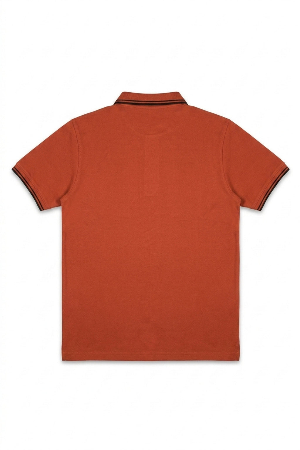 Back view of Eliteez Piqué Polo Rider in Rust Orange showing the regular fit silhouette