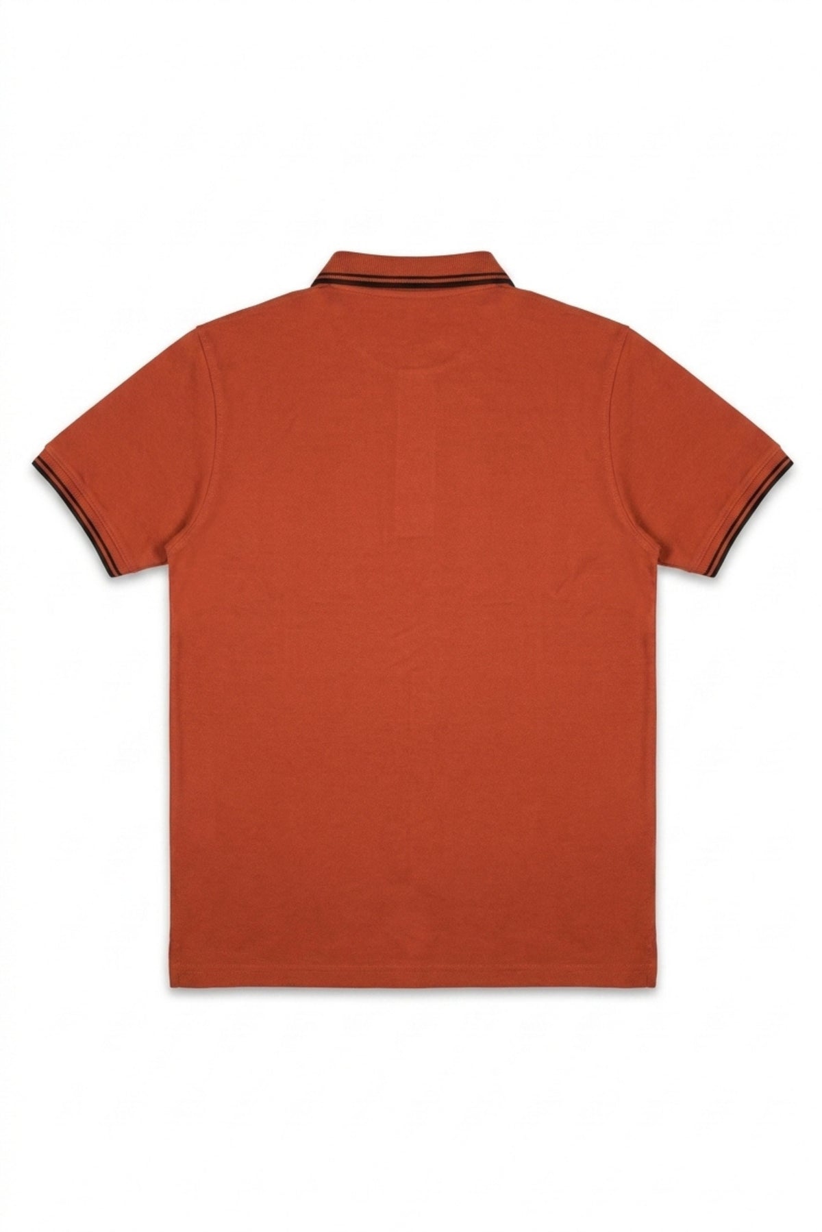Back view of Eliteez Piqué Polo Rider in Rust Orange showing the regular fit silhouette