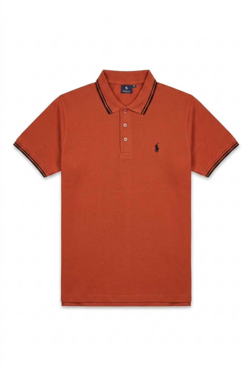 Front view of Eliteez Piqué Polo Rider in Rust Orange featuring contrast tipping