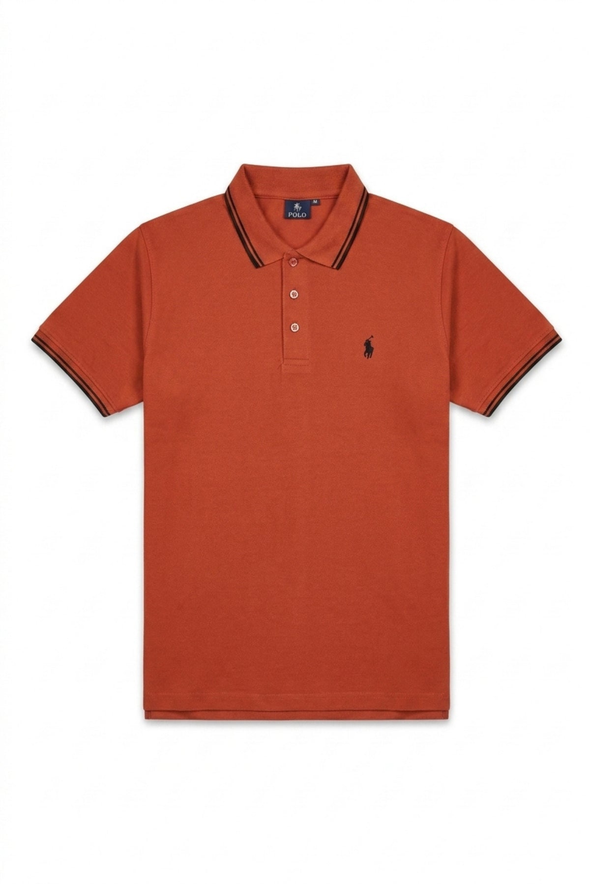 Front view of Eliteez Piqué Polo Rider in Rust Orange featuring contrast tipping