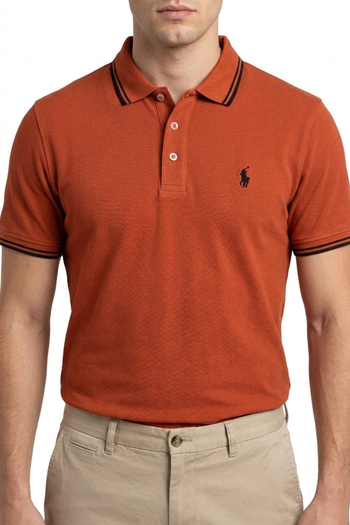 Eliteez Piqué Polo Rider in Rust Orange, front view on model