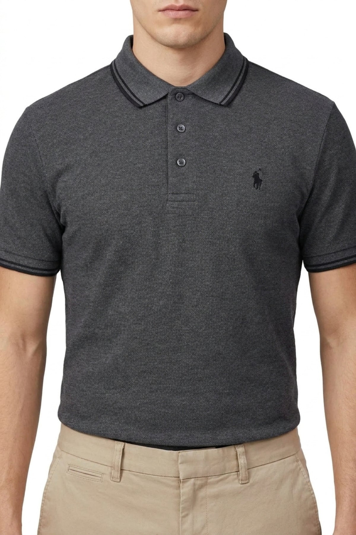 Back view of Eliteez Piqué Polo Rider in Steel Grey showing the regular fit silhouette