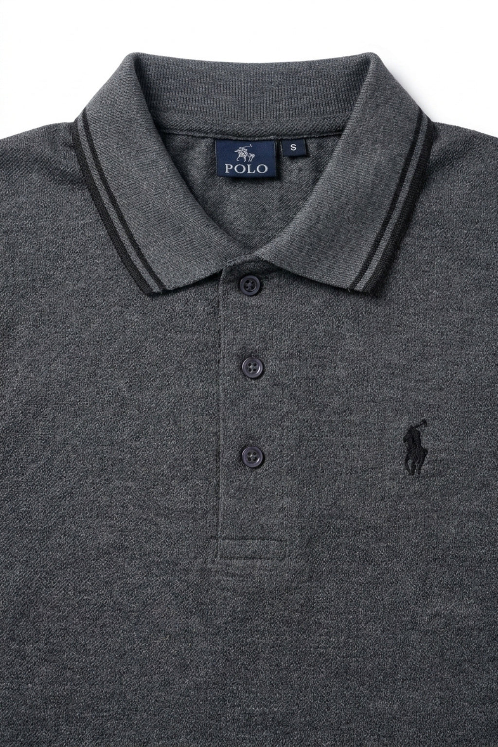 Front view of Eliteez Piqué Polo Rider in Steel Grey featuring contrast tipping