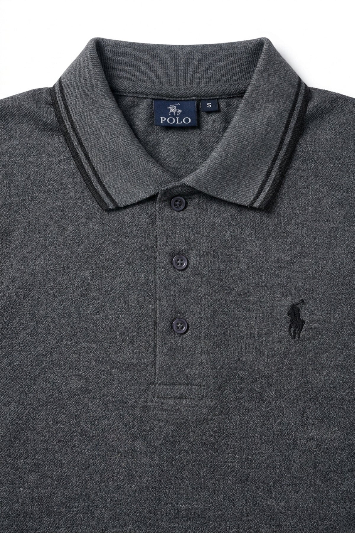 Front view of Eliteez Piqué Polo Rider in Steel Grey featuring contrast tipping