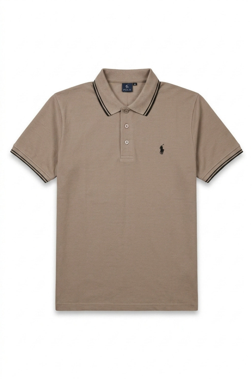 Front view of Eliteez Piqué Polo Rider in Taupe featuring contrast tipping