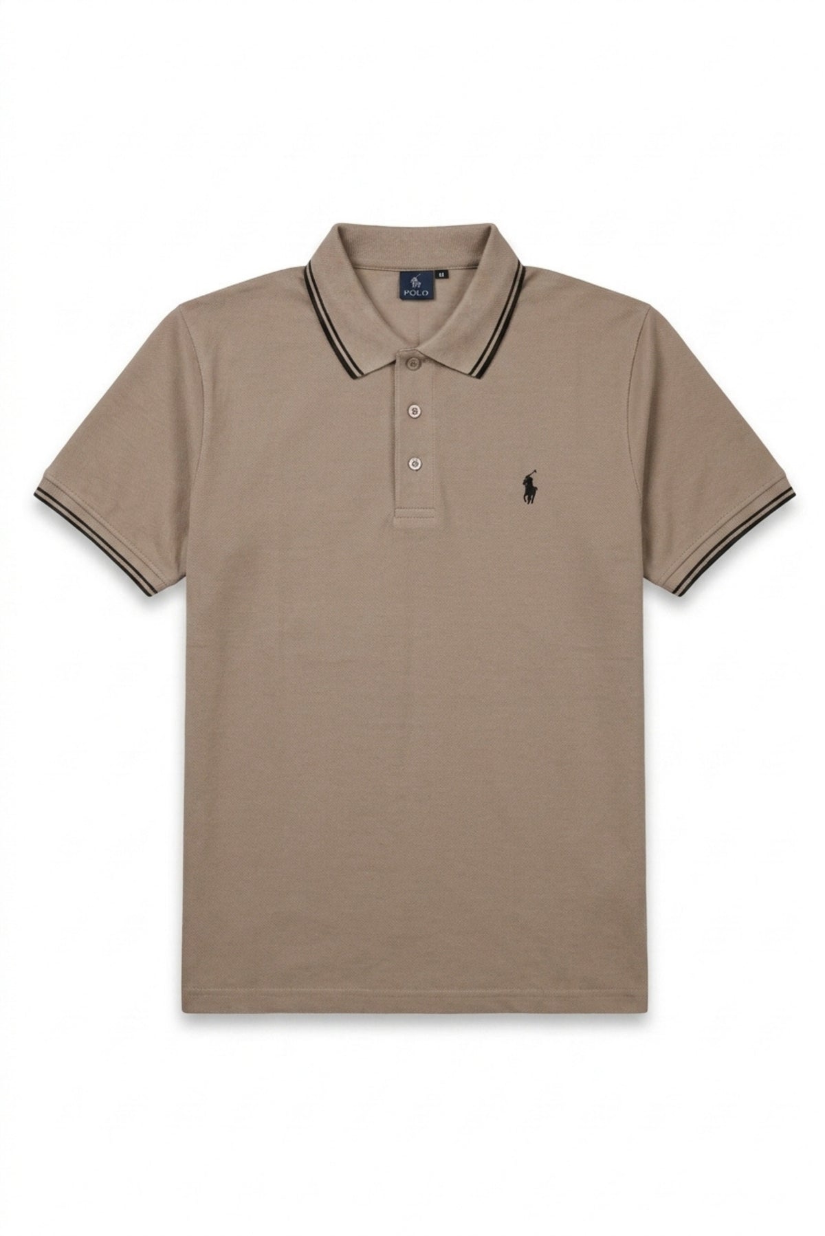 Front view of Eliteez Piqué Polo Rider in Taupe featuring contrast tipping
