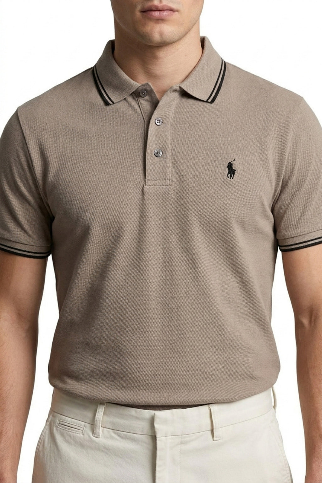 Eliteez Piqué Polo Rider in Taupe, front view on model