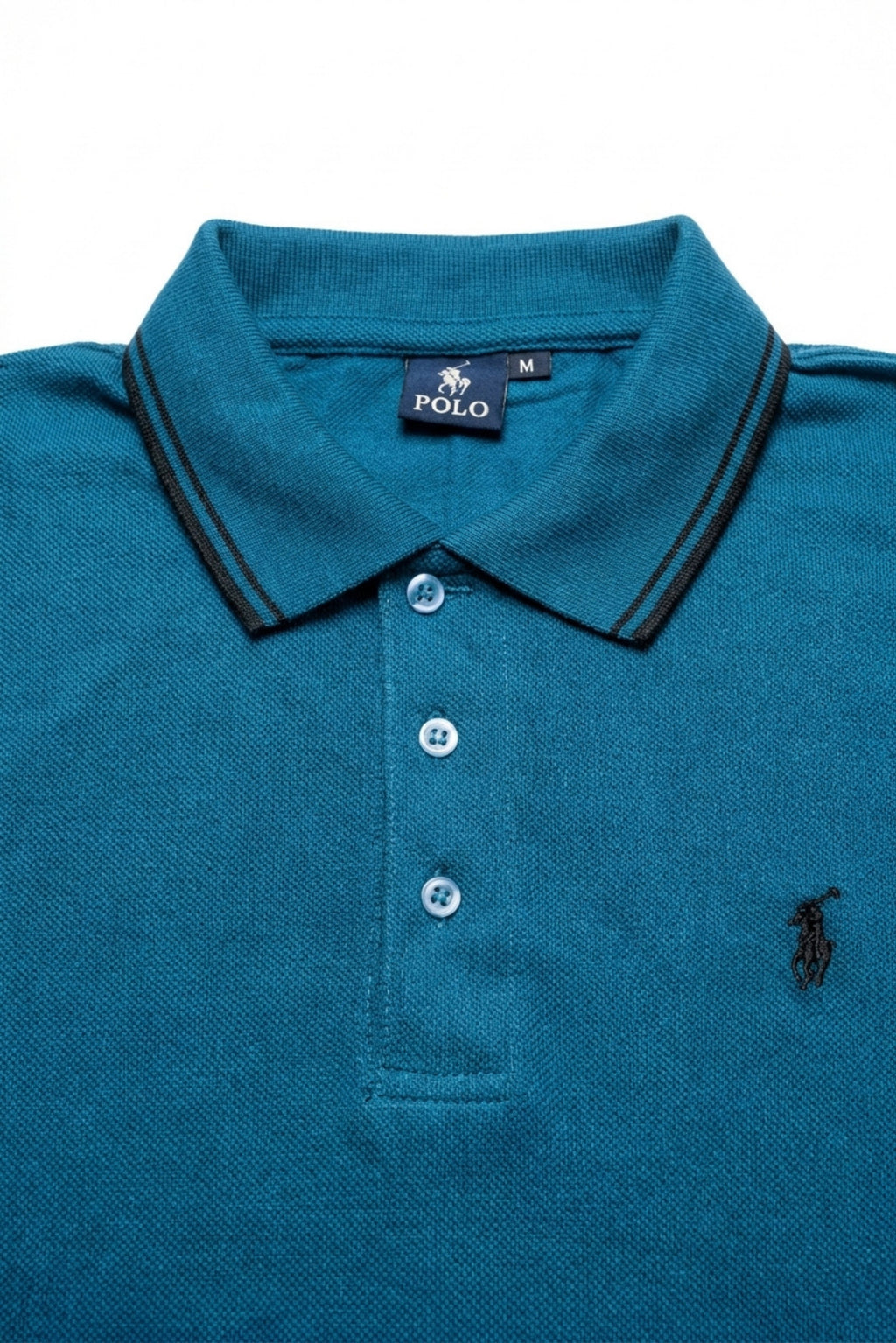 Close-up detail of Eliteez Piqué Polo Rider Teal embroidered logo