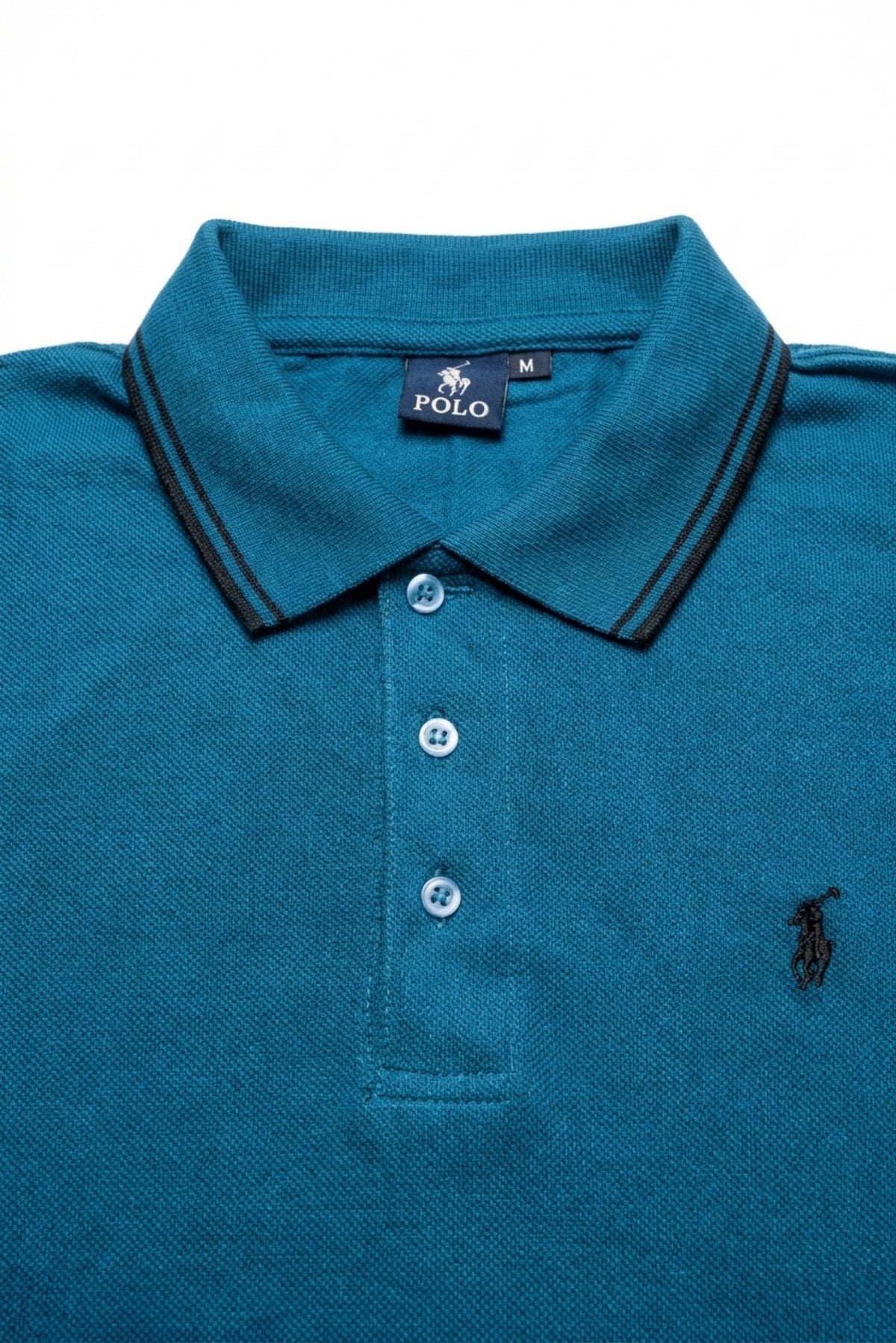 Close-up detail of Eliteez Piqué Polo Rider Teal embroidered logo
