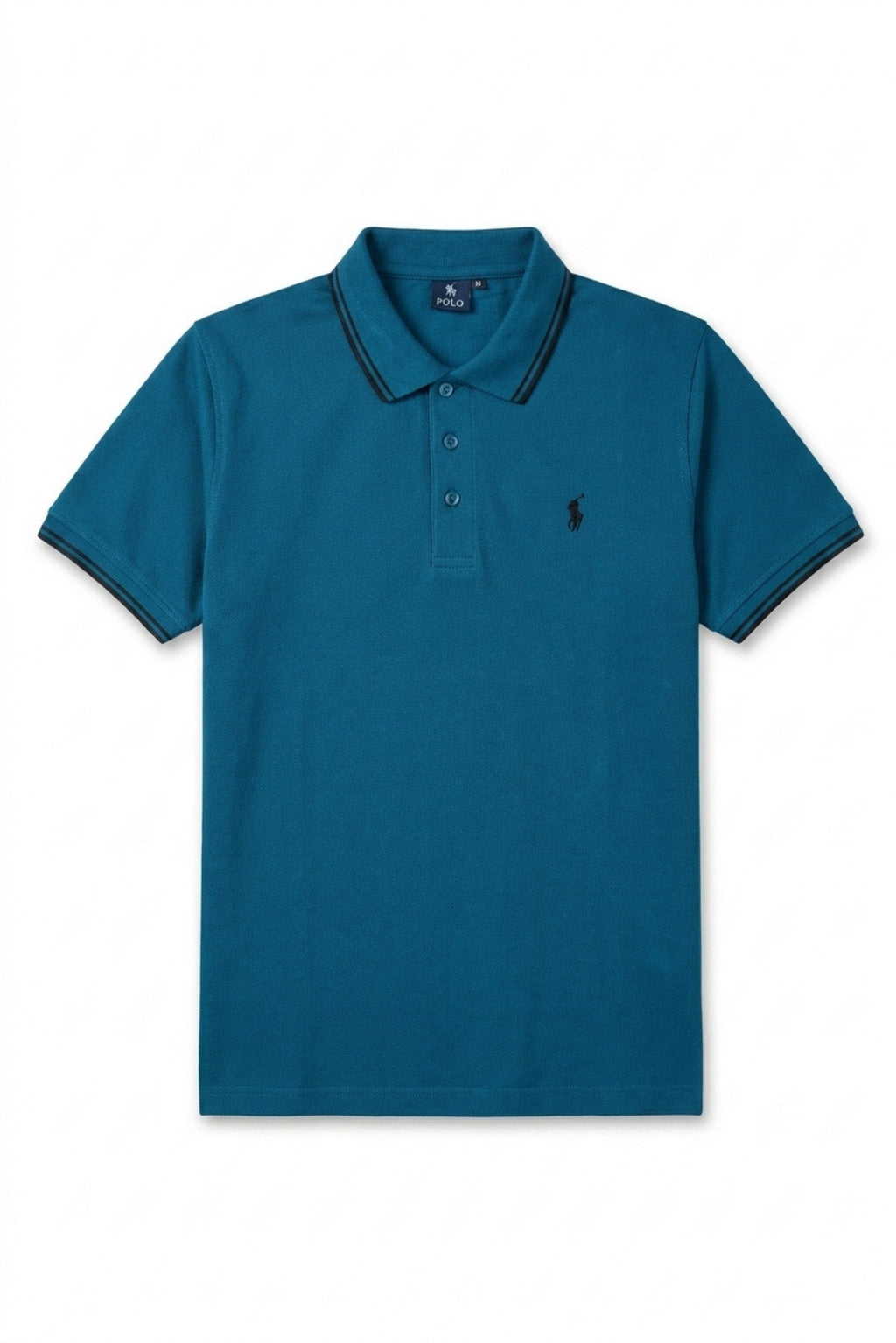 Front view of Eliteez Piqué Polo Rider in Teal featuring contrast tipping
