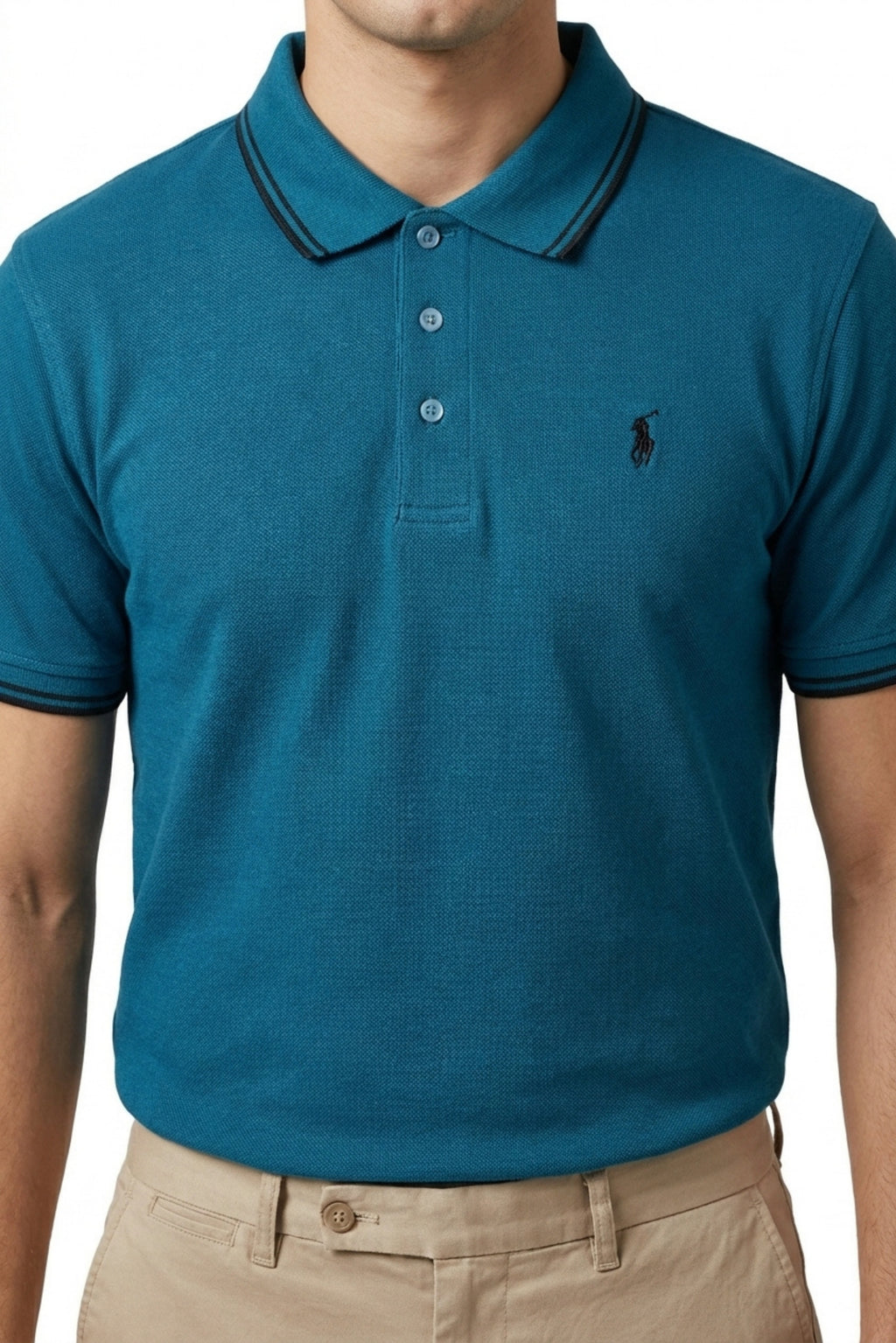 Eliteez Piqué Polo Rider in Teal, front view on model