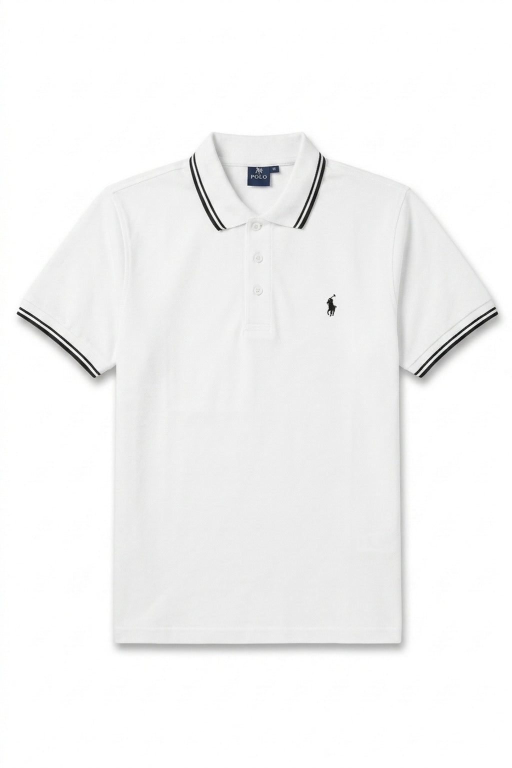 Front view of Eliteez Piqué Polo Rider in White featuring contrast tipping