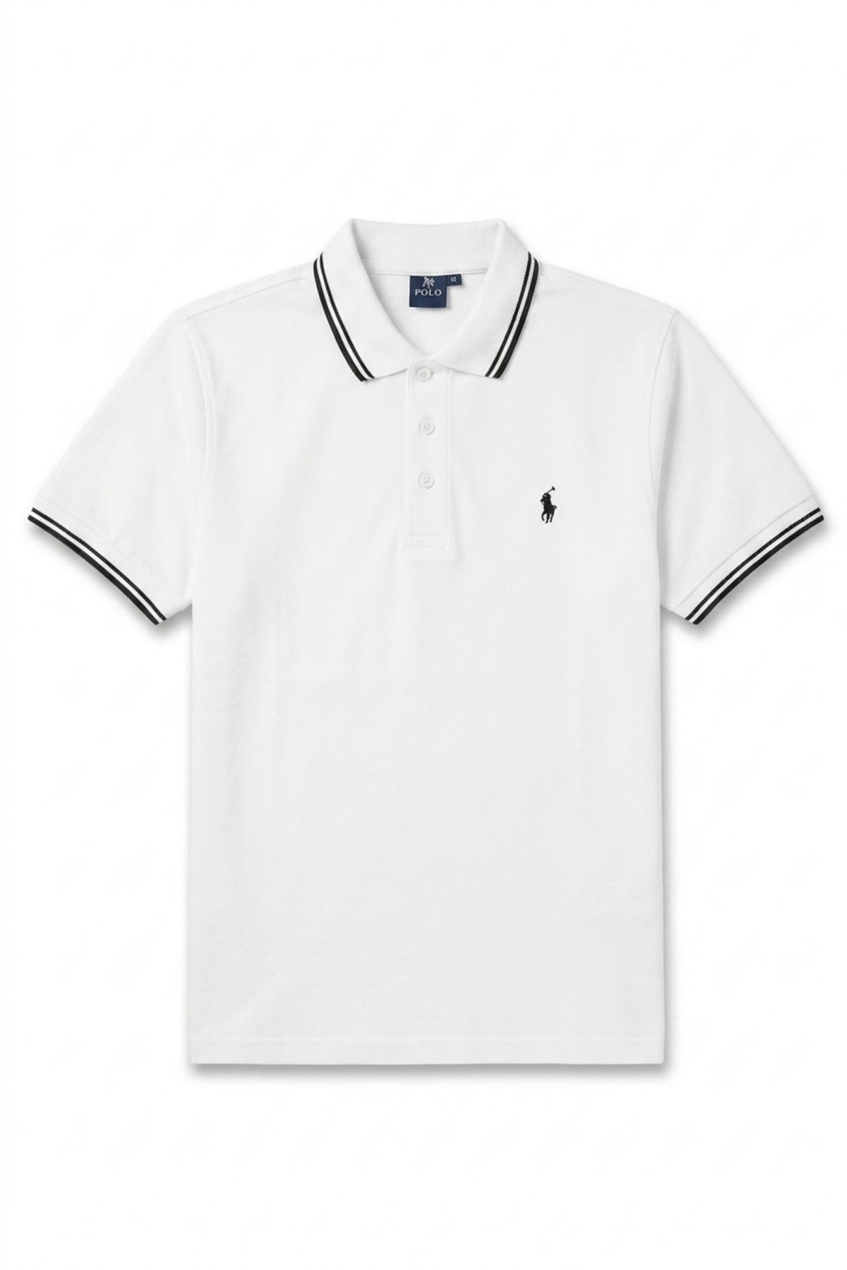 Front view of Eliteez Piqué Polo Rider in White featuring contrast tipping