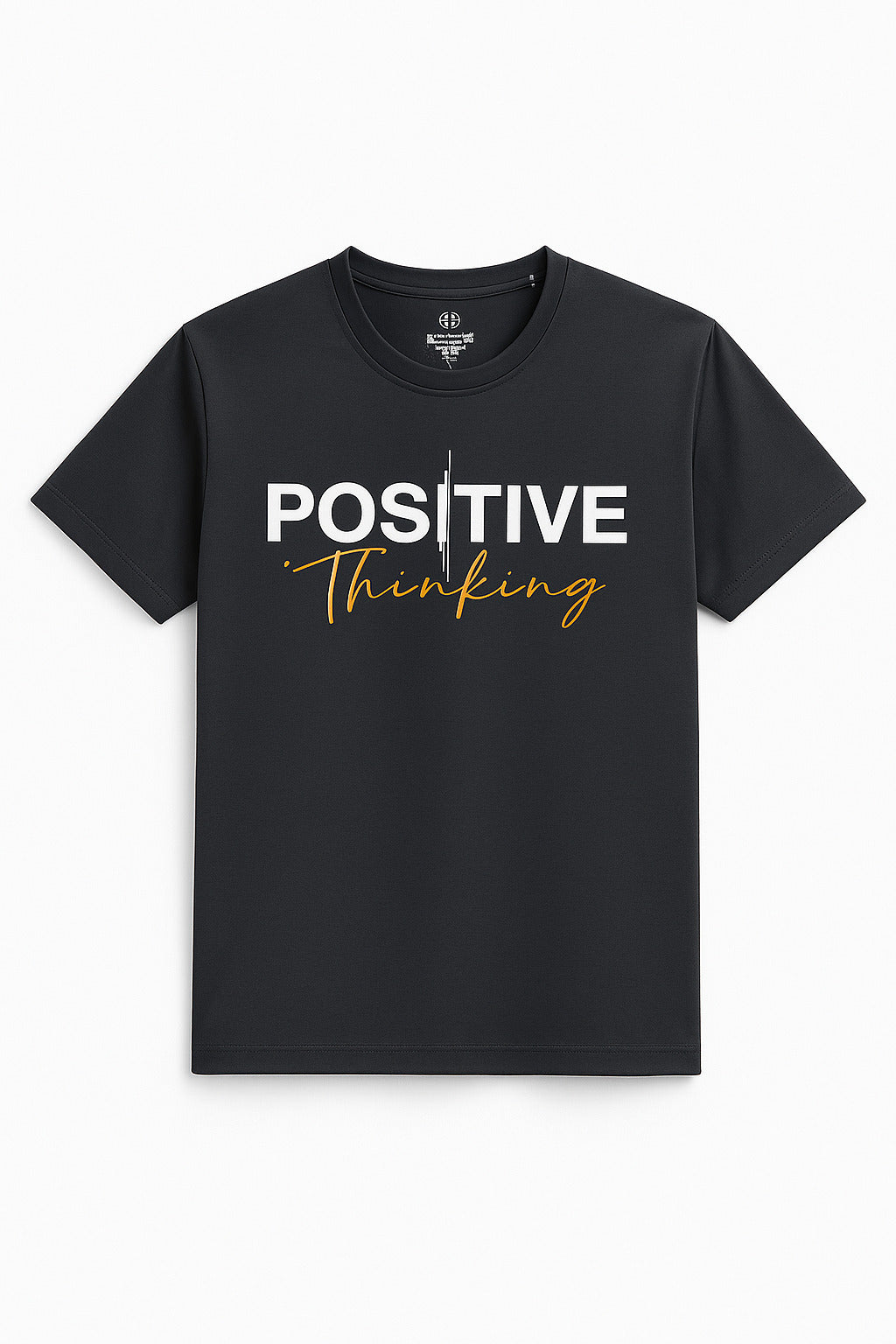 Close-up of graphic print on Eliteez Positive Thinking T-Shirt Charcoal Black