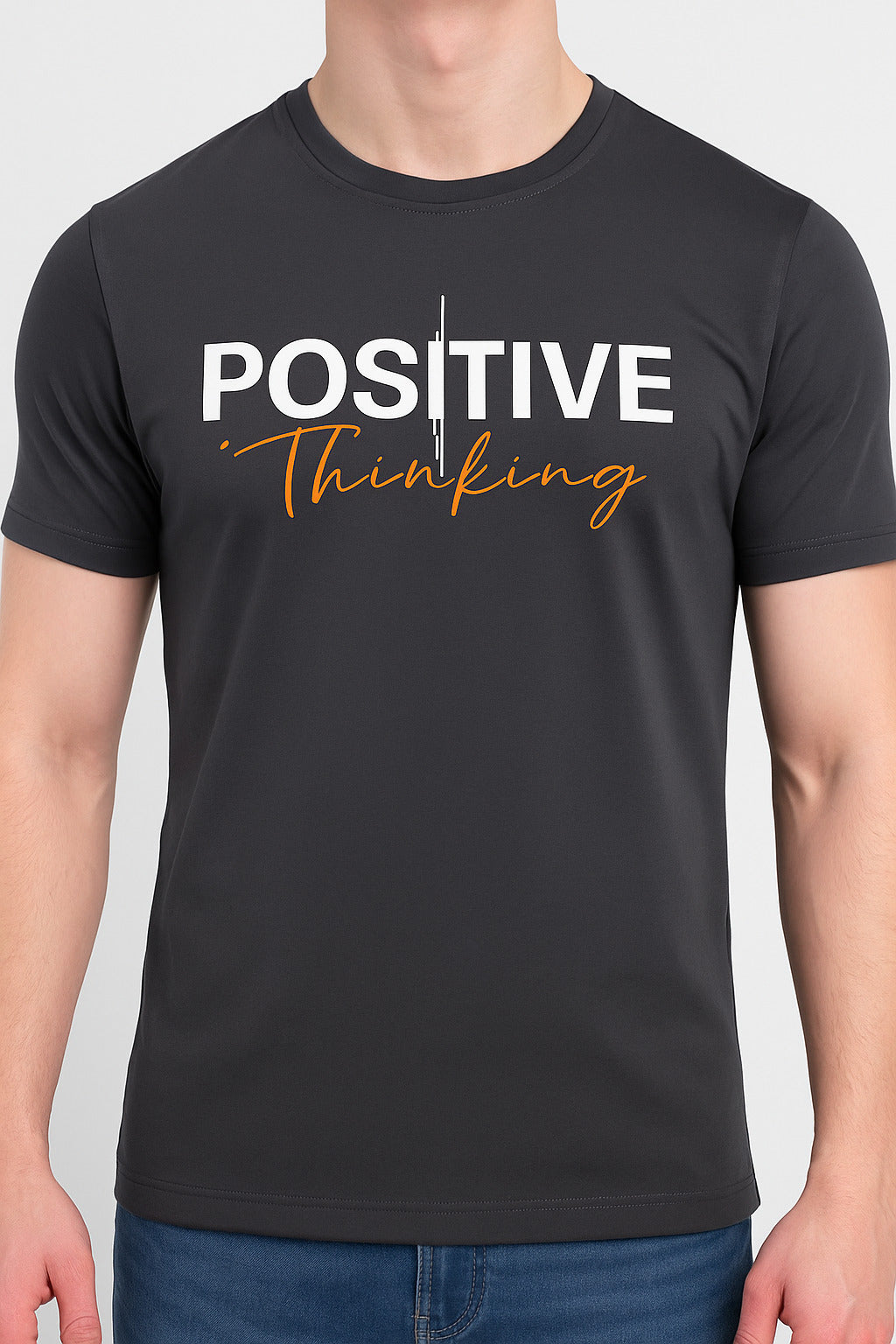 Eliteez Positive Thinking Graphic T-Shirt in Charcoal Black, front view on model