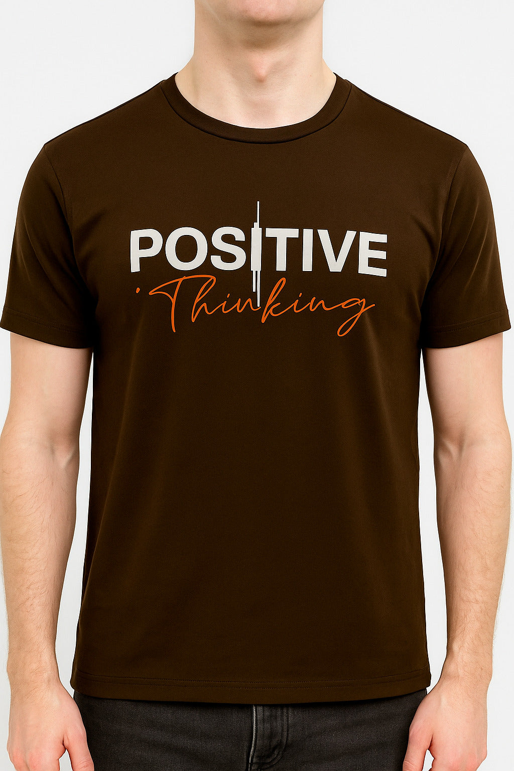 Eliteez Positive Thinking Graphic T-Shirt in Earth Brown, front view on model