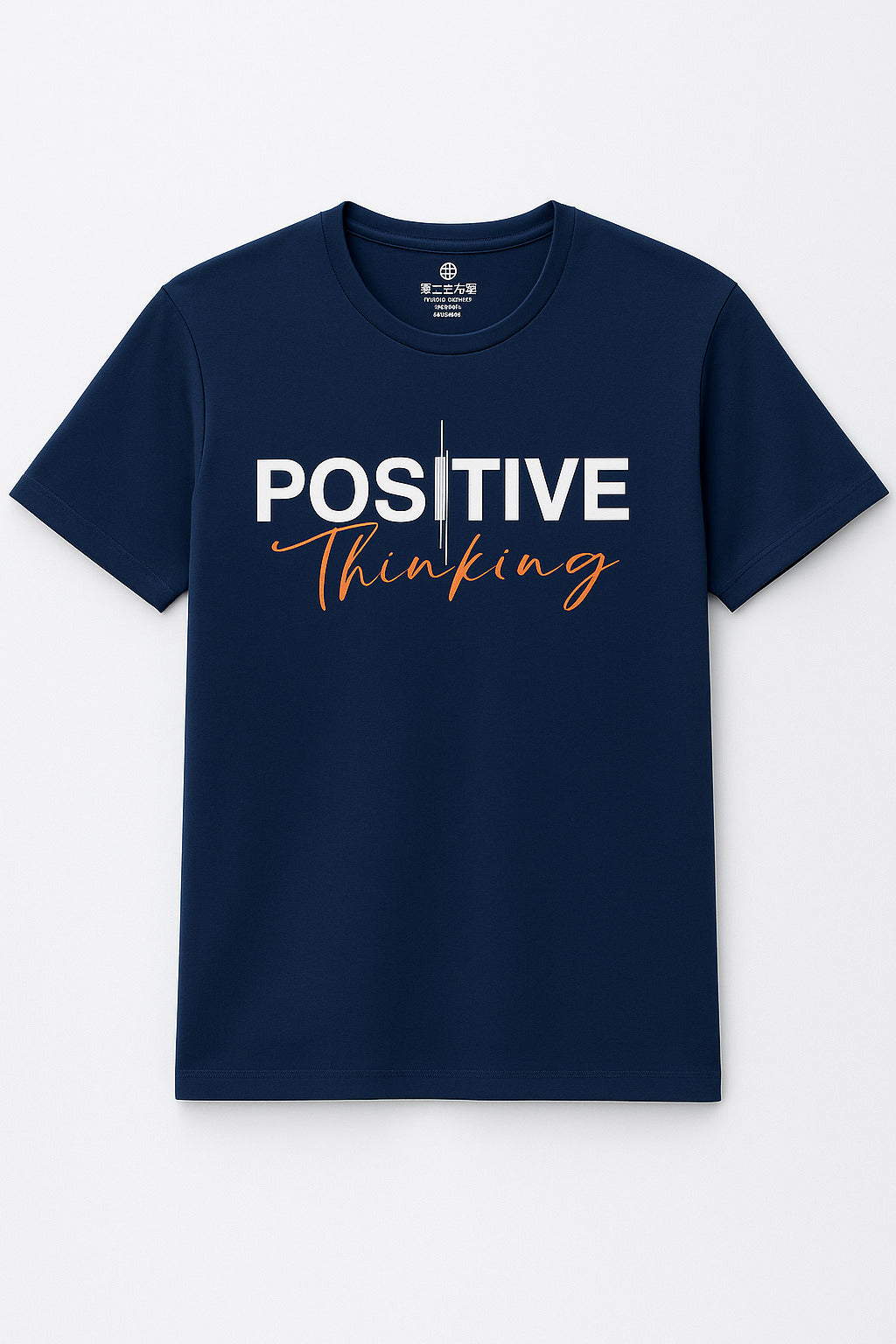 Close-up of graphic print on Eliteez Positive Thinking T-Shirt Navy Blue